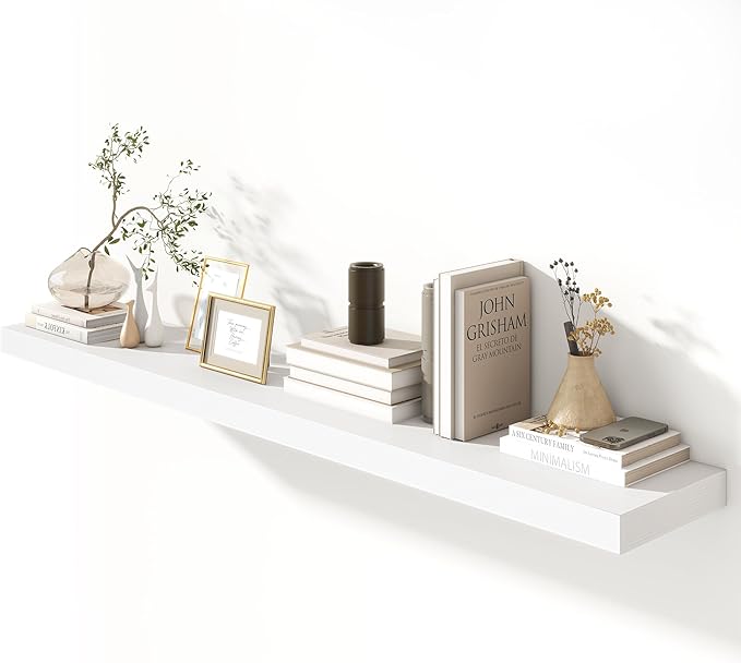72 Inch White Floating Shelf | 12 Inch Deep Floating Shelves Set of 1 | 72" D x 12" D Rustic Wood Shelves for Wall | Deep Whi