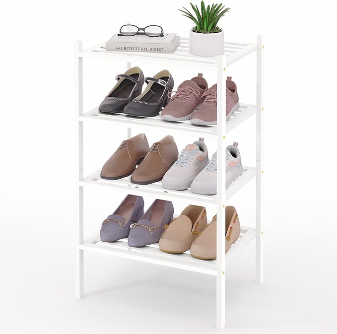 Smiry Small Bamboo Shoe Rack 4-Tier, Stackable Wooden Shoe Organizer for Entryway & Closet, Free Standing Wood Shoe Storage S