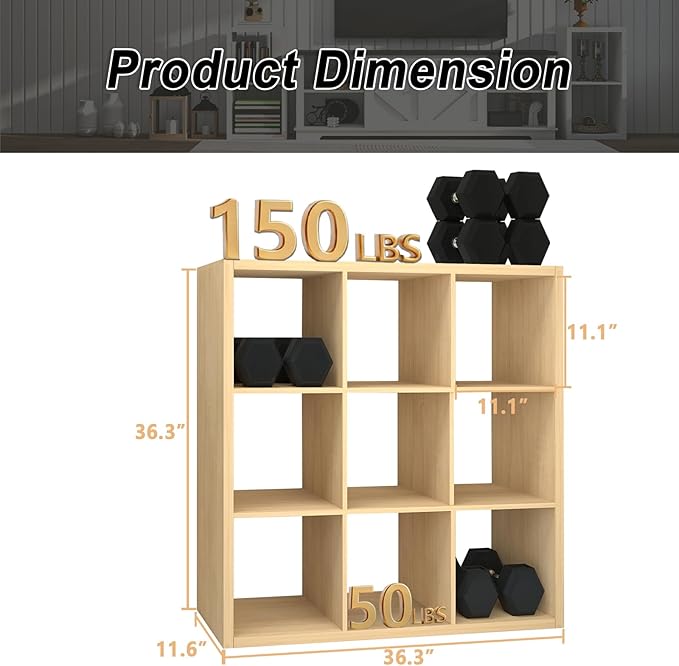 CTESNE【2026 Wooden Thick Frame 9 Cube Storage Organizer Shelf with Anti-Tipping Kits + Reversible Open Back Bookcase, Horizon