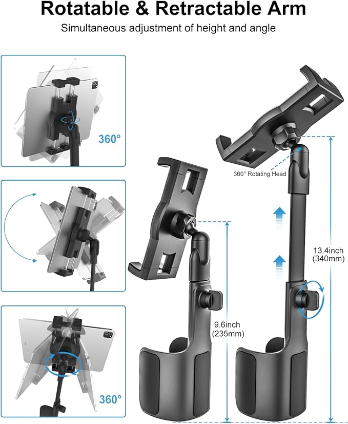 woleyi Cup Holder Tablet Holder for Car Mount - [3 in 1 Expander Bottle] Car Cup Tablet Mount for Car/Truck with Height Adjustable Metal Arm, for iPad Pro Air Mini, Galaxy Tab, Z Fold, 4.7-13" Devices