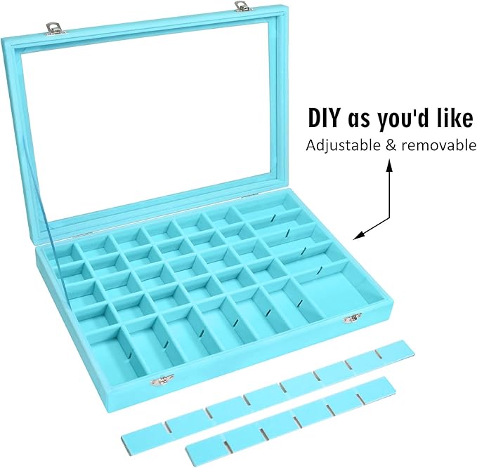 Siveit Velvet Jewelry Tray 48 Grid Jewelry Display Tray Organizer Box with Transparent Lid Rings Earrings Necklaces Pendants 