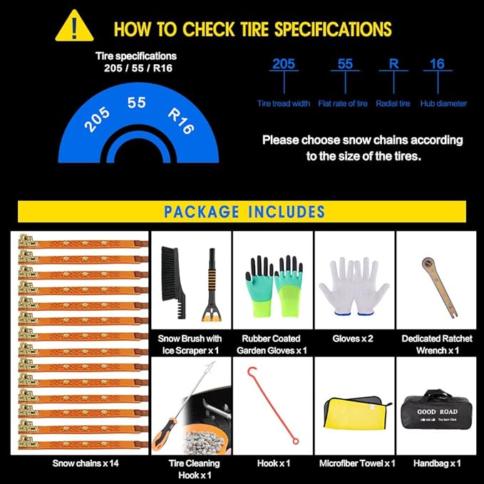 Snow Chains, Anti Slip, Non-metallic, Emergency Tire Chains Suitable for Cars, Trucks, Pickup, SUVs with Tire Width of 165-24