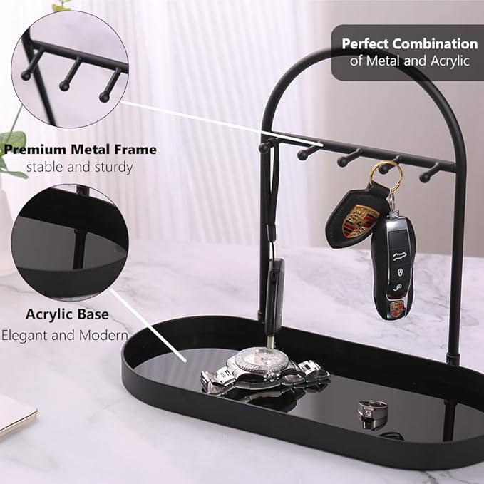Shinpuru Metal Jewelry Organizer Stand & Key Holder Tray with Acrylic Base, Key Stand and Jewelry Tray with 5 Hooks, Perfect 