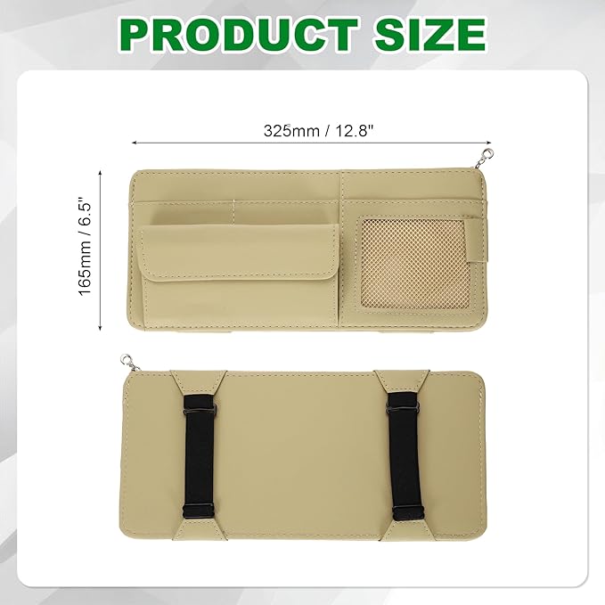 PATIKIL 1 Pcs Car Sun Visor Organizer, 12.8 x 6.5 Inch PU Leather Vehicle Storage Pouch Holder for Sunglasses Card Pen Driver License Car Accessories, Beige