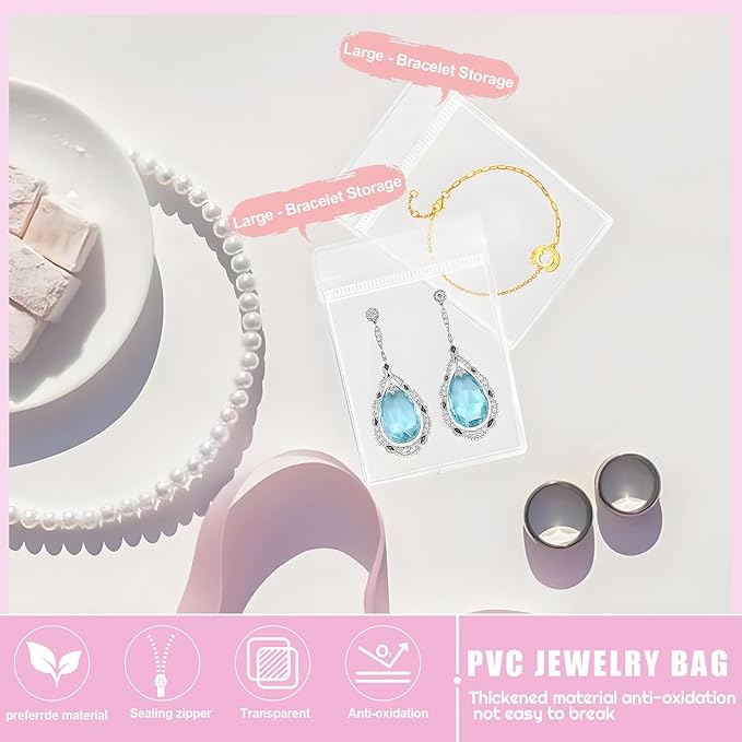 2 Packs Acrylic Jewelry Box with 100pcs PVC Portable Anti Oxidizing Zipper Bags Flip Lid Jewelry Organizer for Earrings Rings