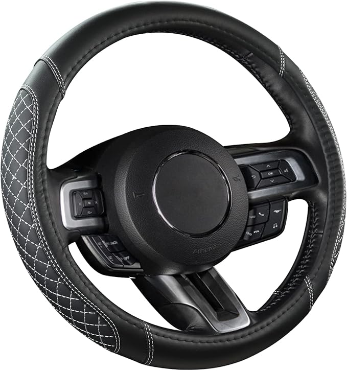 West Llama Car Steering Wheel Cover for Ford Escape,Explorer,Fusion,Focus,Bronco,Transit,Edge(Diamond Quilted - Black+Gray- S