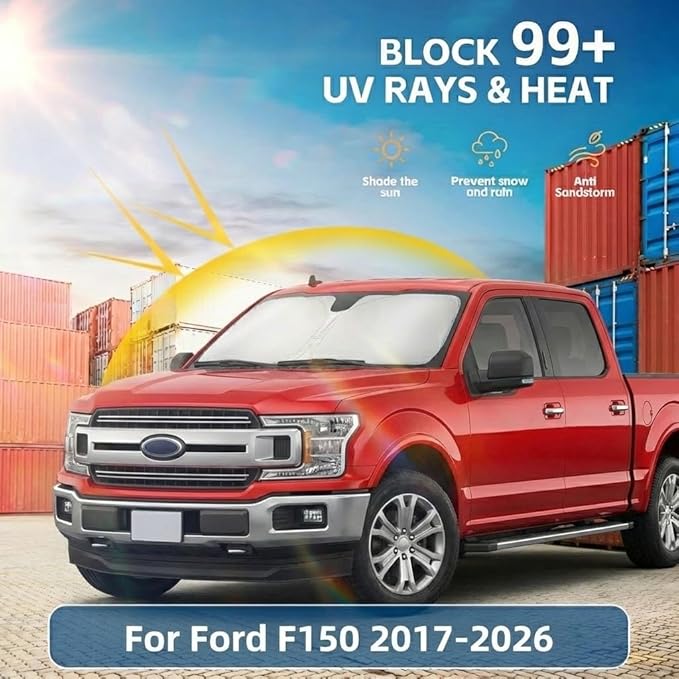 Windshield Sun Shade for Ford F150 2015-2024 2025 2026 Front Window Shade Custom Fit F-150 F150 F250 F350 F450 Accessories Sun Visor Foldable Shade Blocks UV Rays Summer Must Have Car Accessories