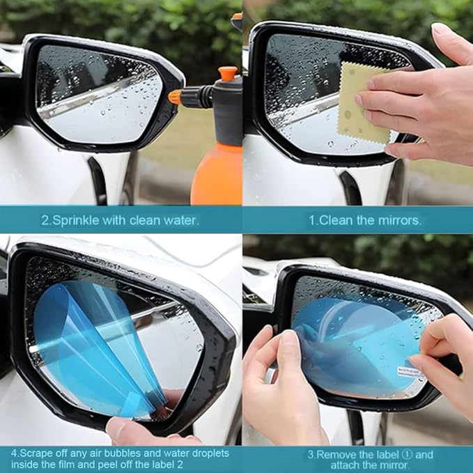 4PCS Waterproof Car Window Film for Rain, Car Rearview Mirror Protective Film, Hd Clear Waterproof Film Wing Mirror, Car Anti Fog for Universal Cars Side Windows (Blue Film,15 * 10cm)