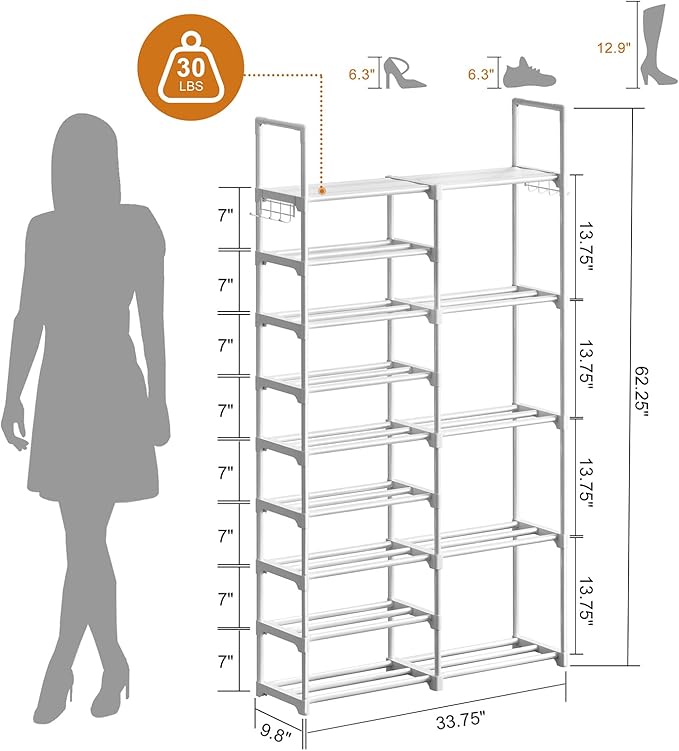 WOWLIVE 9 Tiers White Shoe Rack for Closet Shoe Rack Storage Organizer for Entryway 30-35 Pairs Stackable Shoe Shelf for Fron