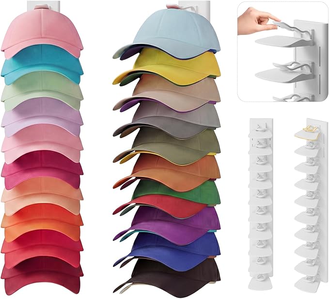 YOUDENOVA 2 Pack Hat Organizer for Baseball Caps, Adhesive or Screw-Mounted Hat Rack Holds 40 Hats, Hat Storage Display for W