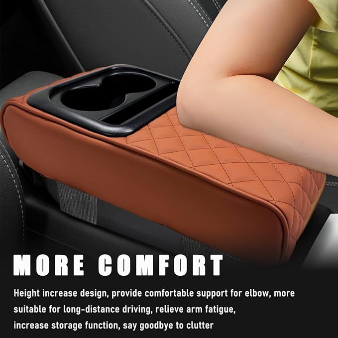 Car Center Console Armrest Pillow, Waterproof Car Armrest Cover Cushion with Cup and Phone Holder, Memory Foam Arm Rest Box Protector for Most Vehicles, Car Accessories (Brown)