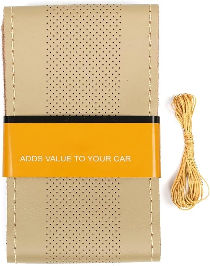 AUTOXBERT 38cm/15 Inch Genuine Leather DIY Steering Wheel Cover Soft Hand Sewing On Wrap Cover with Needles Thread fit for VW