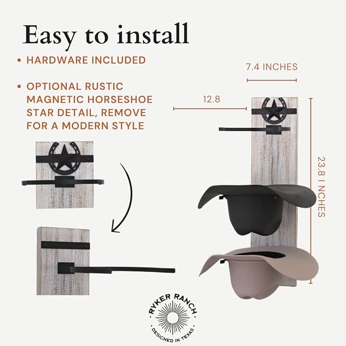 Ryker Ranch Cowboy Hat Rack for Wall | Western Hat Rack for Cowboy Hats | Rustic White Wood and Metal Cowboy Hat Holder for W