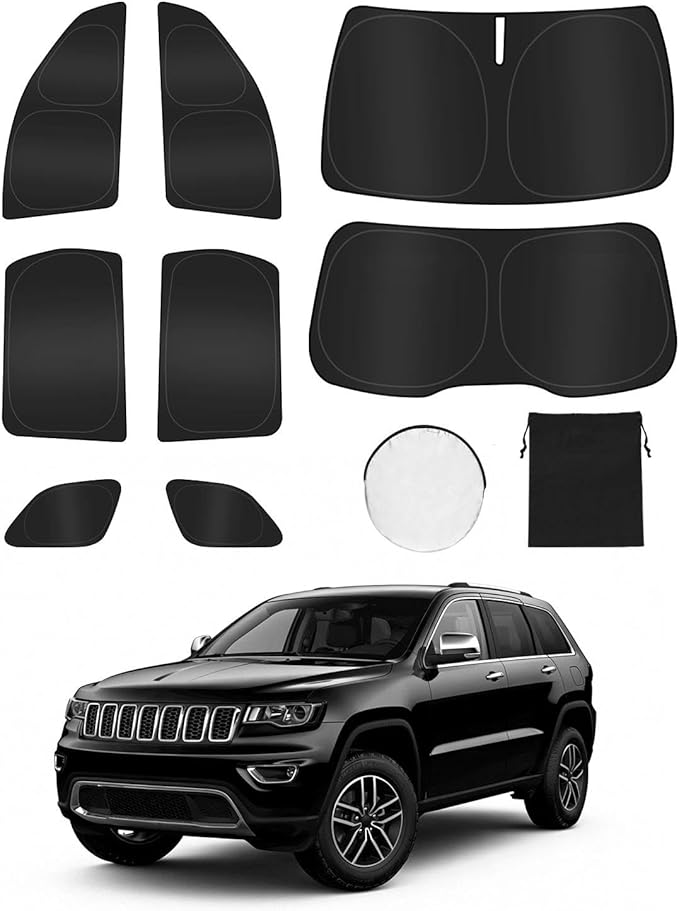 8PCS Window Shades for Jeep Grand Cherokee 2011-2021 Accessories – Full Coverage Sun Shade for Side Windows, Rear Triangular & Windshield – UV Protection & Privacy for Camping, Napping, Relaxing