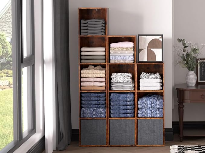 Cube Storage Organizer, 5 Cube Retro Bookshelf, Freestanding 5 Tier Open Shelf, Rustic Brown Retro Shelves for Home Office, B