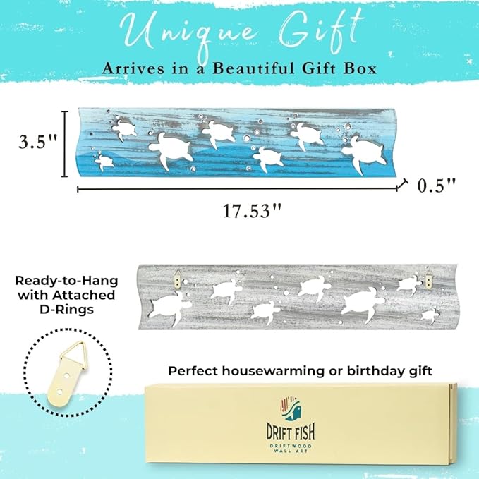 Sea Turtle Driftwood Wall Art & DIY Key Holder – Handmade Coastal Home Decor – 17.5" Genuine Weathered Wood Plank with 5 Remo