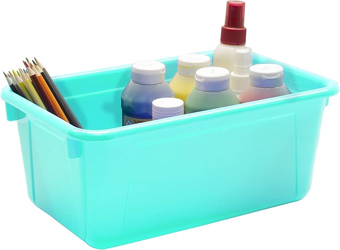 Storex Small Cubby Bins – Plastic Storage Containers for Classroom with Non-Snap Lid, 12.2 x 7.8 x 5.1 inches, Teal, (62412U0