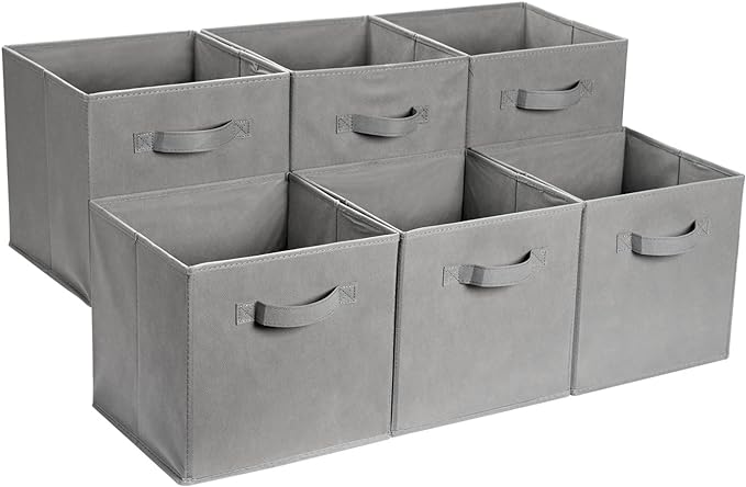 Amazon Basics Collapsible Fabric Storage Cube Bins Organizer with Handles for Organizing, Sturdy, Gray, 13 x 13 x 13 inch, 6-