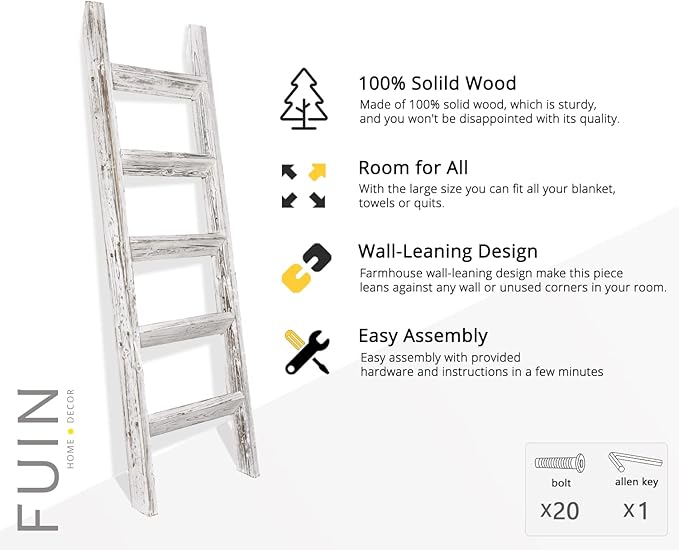FUIN 5ft (58") Wood Blanket Ladder Living Room Decorative Wall Leaning Farmhouse Quilt Display Holder Wooden Towel Rack for B