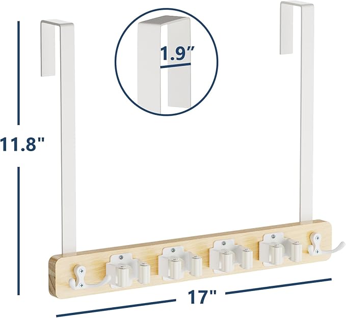 Lorbro Broom Holder Door Mount, Over the Door Broom and Mop Holder with 2 Over Door Hooks, Wood Broom Hanger, Tool Rack Organ