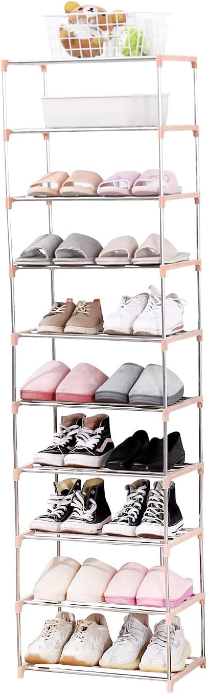 Jucaifu Stackable Small Shoe Rack, Entryway, Hallway and Closet Space Saving Storage and Organization (10-Tier, Pink)