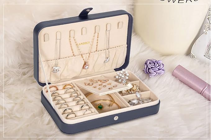LANDICI Small Jewelry Box for Women Girls, PU Leather Travel Jewelry Case, Portable Jewelry Organizer Storage Holder Display 