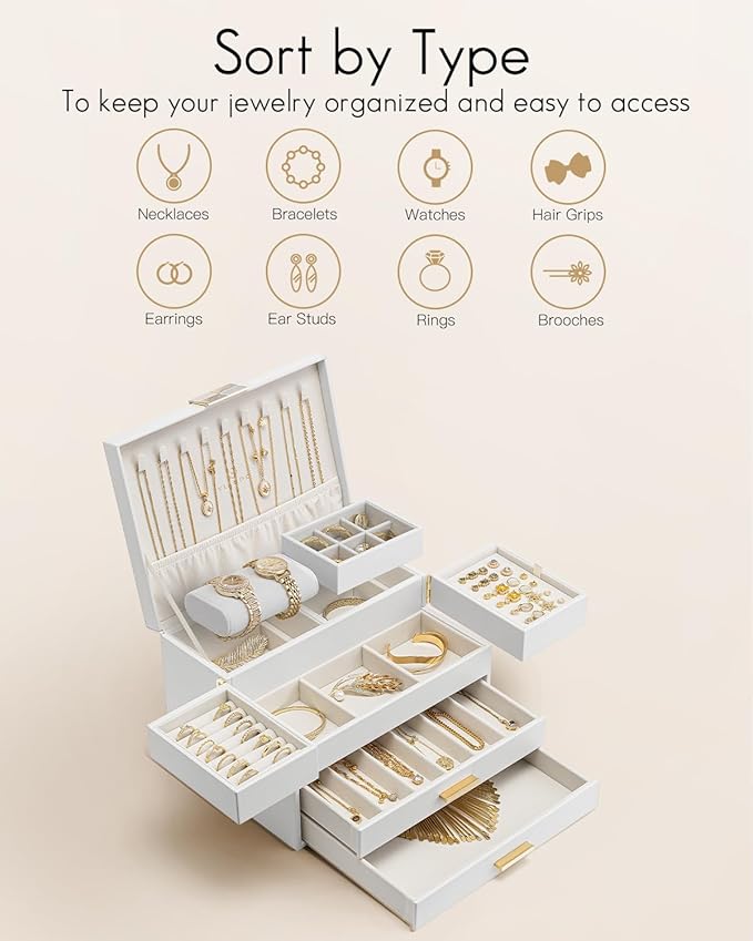 Vlando 4 Layers Jewelry Box - Women Jewelry Box with Retractable Tray - Jewelry Organizer with Drawer for Necklaces, Rings, B