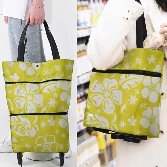 Collapsible Shopping Grocery Bag with Wheels Rolling Tote Bag with Wheels Large Reusable Shopping Bags Foldable Cart(Yellow Green Flower,Large)