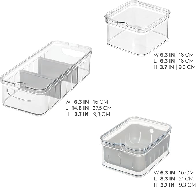 iDesign Crisp 3-Piece Recycled Plastic Refrigerator Organizer Bin Set with Lids, Clear/Gray