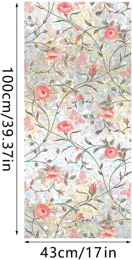Retro Rose Window Privacy Film,Stained Glass Decals Red Rose Privacy Rainbow Decals Living Room Sun Blocking Decor Removable Static Cling Stickers,16.93x39.37inch