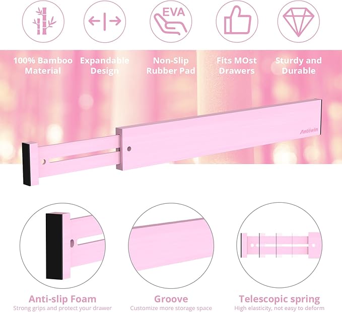 ANTOWIN Expandable Bamboo Drawer Dividers Organizers, Drawer Separators Splitter, 17-22 inches Long Adjustable Spring-loaded 