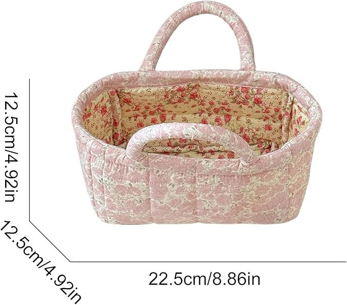 Small Storage Basket Organizer, Mini Fabric Floral Storage Baskets with Handle, Quilted Portable Collapsible Storage (N)