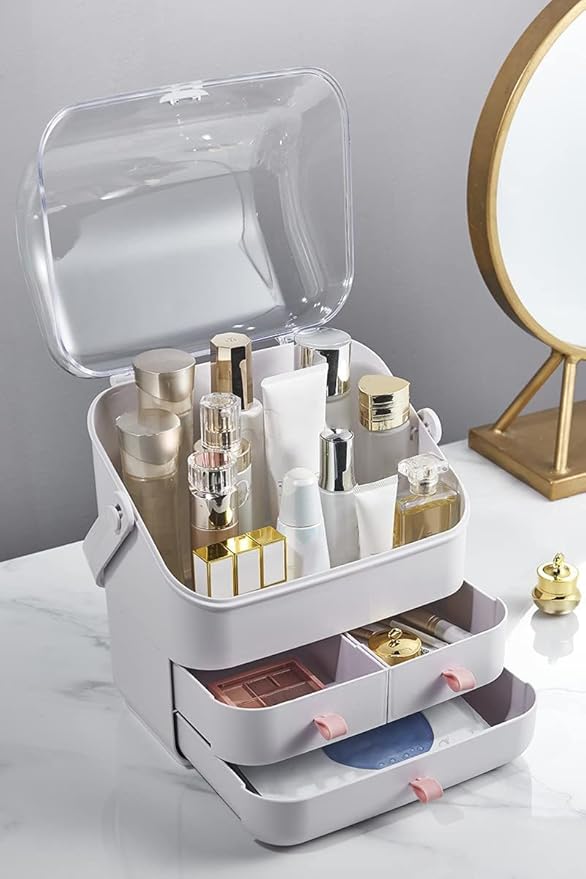 LINFIDITE Cosmetic Storage Box with Lid Makeup Organizer Box with Dust Free Cover Portable Handle,Large Makeup Display Case w