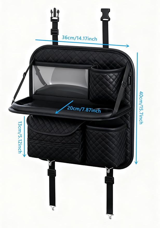 Leather Car Backseat Organizer with Foldable Table Tray, Hanging Car Storage Bag with Tablet Holder, Car Seat Back Protectors Kick Mats Travel Accessories (2)