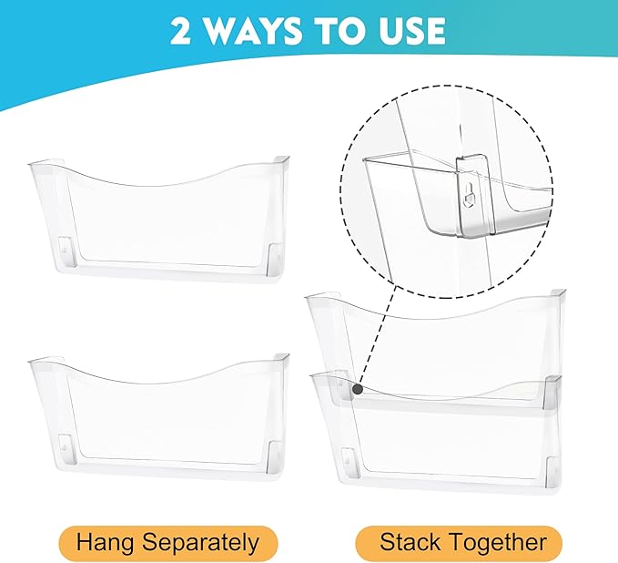EASEPRES 4 Pack Clear Single Pocket Hanging File Organizer, Plastic Wall Mount Paper Mails Magazines Holder, Mounted Folder B
