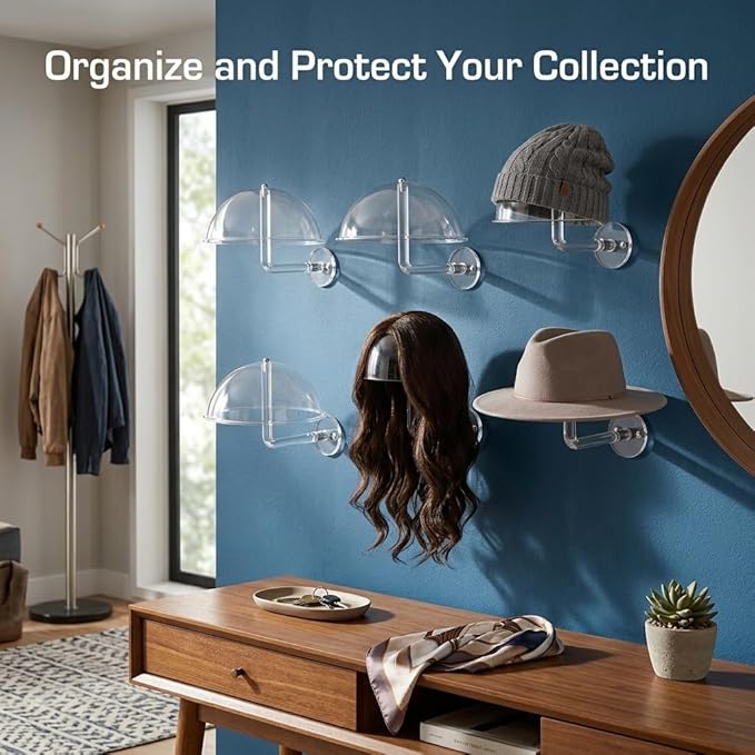 LUTTY 2Pcs Wall Mount Clear Acrylic Hat Display Stand,Wig Display Stand Racks Wall-Mounted Hat for Closet,Domed Hat Holder fo