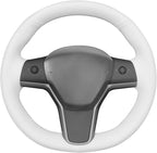 MEWANT Hand Stitched White Leather Steering Wheel Cover for Tesla Model 3/Y Accessories