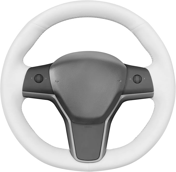 MEWANT Hand Stitched White Leather Steering Wheel Cover for Tesla Model 3/Y Accessories