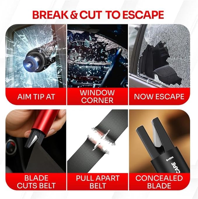 Car Window Breaker Seatbelt Cutter [4 Pack] – Emergency Glass Breaker Tool for Car – 2-in-1 Safety Hammer Life Hammer – Car E