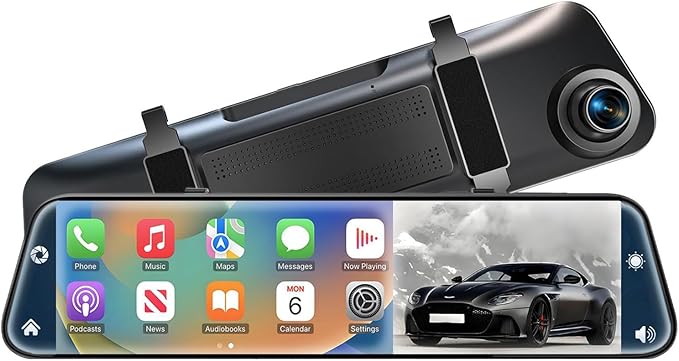 4K Rear View Mirror Camera with Carplay&Android Auto,12" Mirror Dash Cam Front and Rear with Voice Control for Cars&Trucks,Sm