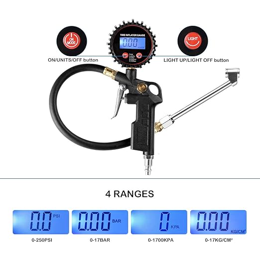 CZC AUTO Digital Tire Inflator Pressure Gauge, LED Display Tyre Deflator Gage with Dual Head Chuck Rubber Hose MNPT Fitting, Compatible with Air Pump Compressor for Truck RV Car Motorcycle Bike Bus