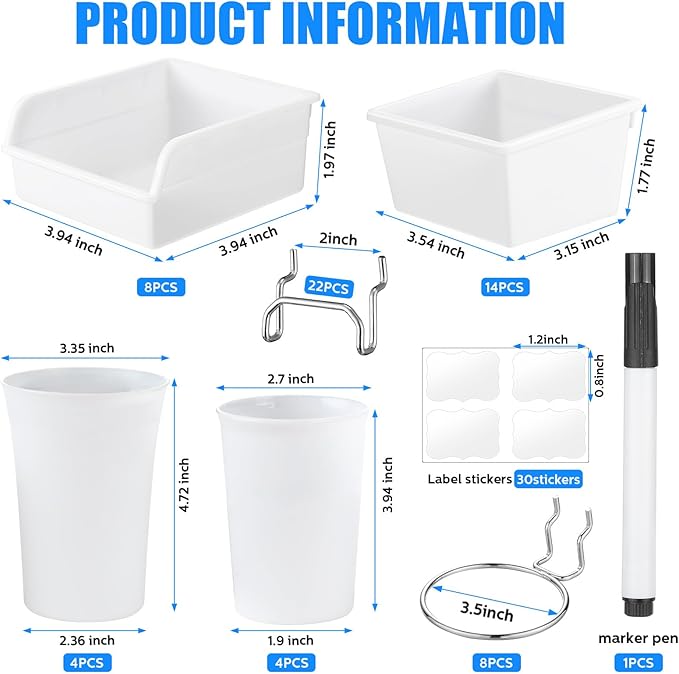 Sieral 64 Pieces Pegboard Bins Pegboard Cups with Hooks and Loops Peg Hooks Assortment Organizer Accessory for Organizing Acc