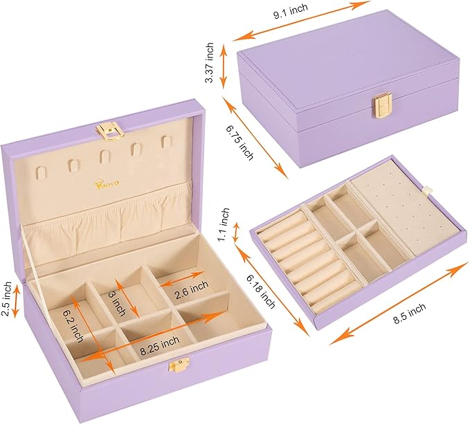 Voova Jewelry Box Organizer for Women Girls, 2 Layer Large Men Jewelry Storage Case, PU Leather Display Jewellery Holder with