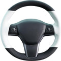 MEWANT Hand Stitched White Leather Tesla Model 3 Steering Wheel Cover for Tesla Model 3 2017-2023 / Model Y 2020-2023 for Tesla Model 3/Y Accessories