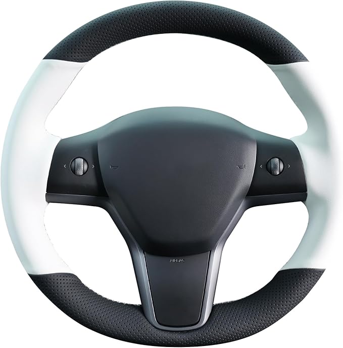 MEWANT Hand Stitched White Leather Tesla Model 3 Steering Wheel Cover for Tesla Model 3 2017-2023 / Model Y 2020-2023 for Tesla Model 3/Y Accessories
