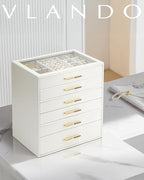 VLANDO 6 Layer Jewelry Box for Women, Glass Lid Jewelry Organizer with 6 Drawers for Necklaces Rings Earrings Bracelets - Clo