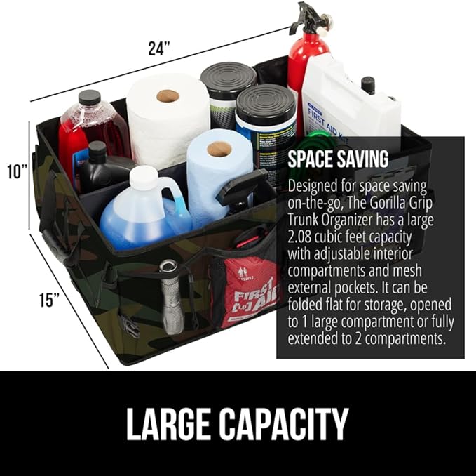 GORILLA GRIP Large Capacity Sturdy Trunk Storage Organizer, Slip and Water Resistant Collapsible Organization Container for