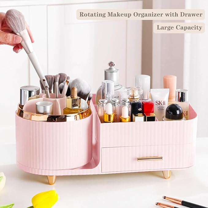 Rotating Makeup Organizer for Vanity with Brush Holder and Drawer, Cosmetic Makeup Storage, Large Spinning Makeup Skincare Or