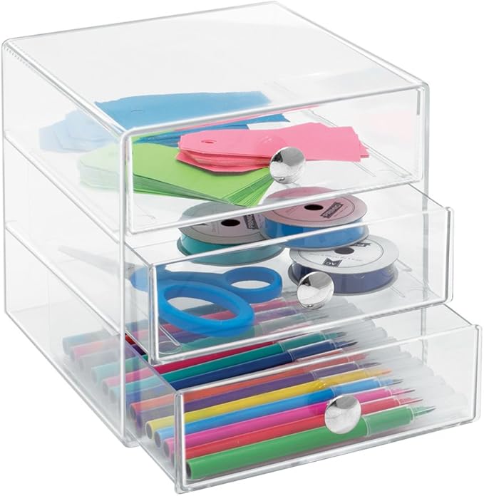 iDesign 3-Drawer Stackable Makeup Organizer - Clear Plastic Drawers for Bathroom, Vanity, or Desk