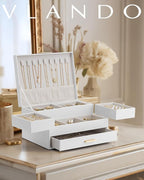 Vlando 3 Layer Jewelry Box - Women Jewelry Box with Retractable Tray - Jewelry Organizers with Drawer for Necklaces, Rings, B